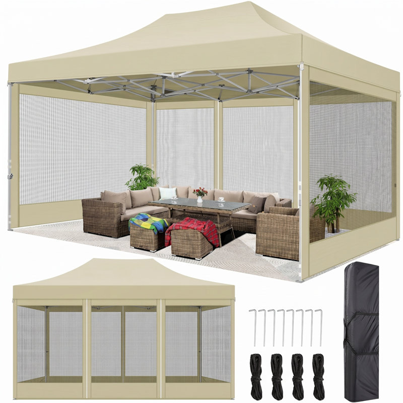 15 Ft. W x 10 Ft. D Metal Pop-up Canopy with 4 sidewalls, Khaki