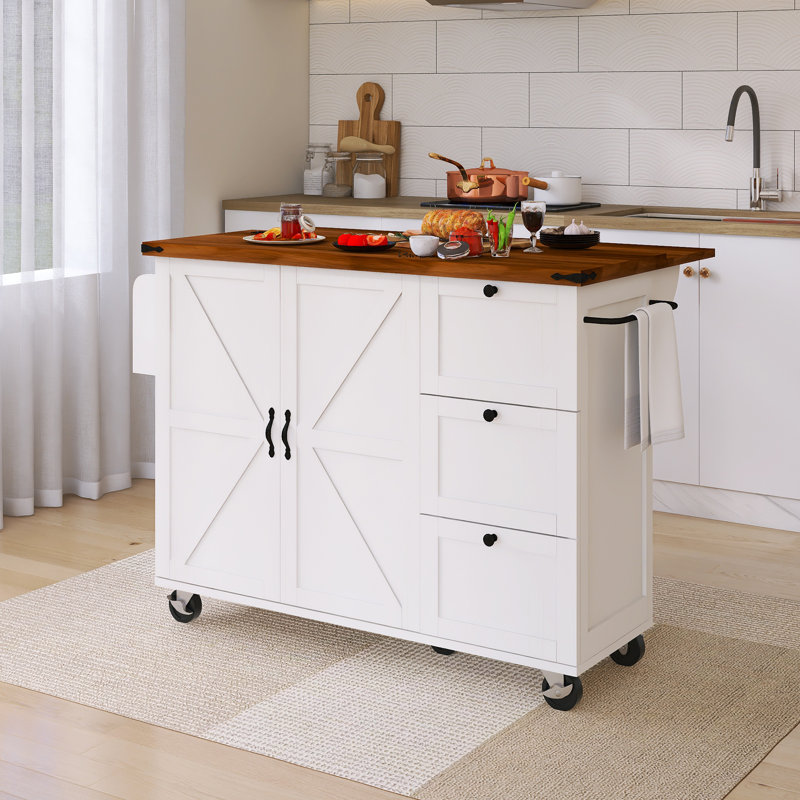 Chariot de cuisine 54,5 po à abattant avec prise de courant et support à épices et porte-serviettes, Blanc