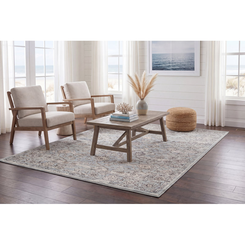 Tapis bleu acier / crème Attell, Rectangle 6 pi 7 po x 9 pi 6 po