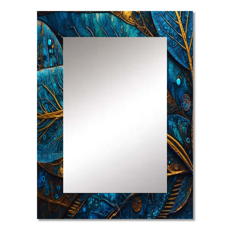Bleu et or, mélodie de Boho I - miroir mural plume Boho, miroir décoratif traditionnel, impression d'art en métal