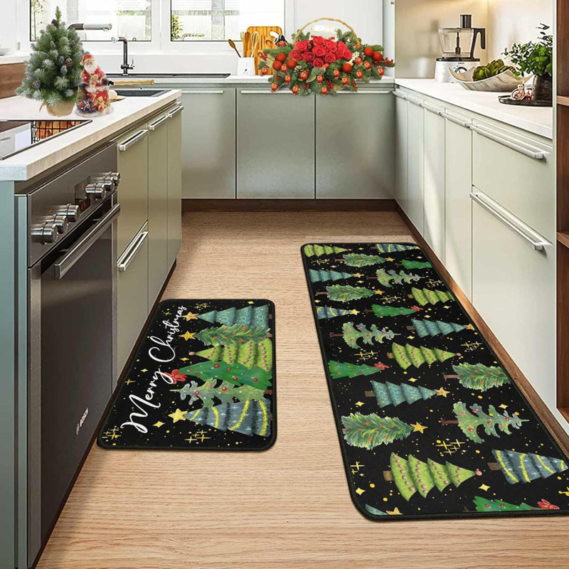 Ensemble de 2 tapis de cuisine Xmas Trees Merry Christmas, décorations pour fêtes d'hiver