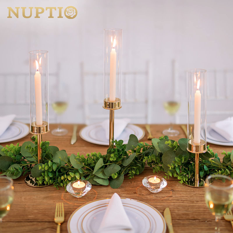 Gold and Glass Tall Hurricane Candlestick Holder Set of 3
