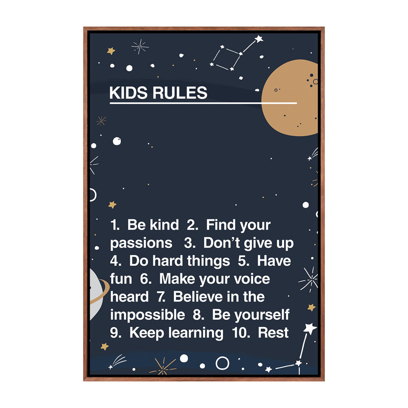 Kids Rules - impression d'art textuel, Toile avec cadre brun, Pas de tapis, H 26 po x l 18 po x 1,5 po