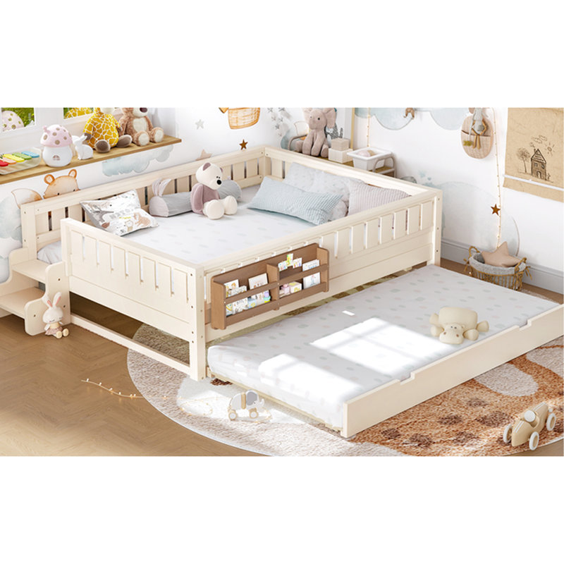 Grand lit beige avec bibliothèque sur le côté, lit gigogne pour les invités supplémentaires, conception, construction en pin et contreplaqué avec chevet inattendu