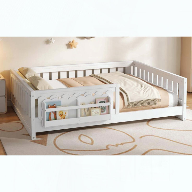 Lit plateforme double en bois avec garde-corps et tablettes de rangement, Full / Double, White, Shelves