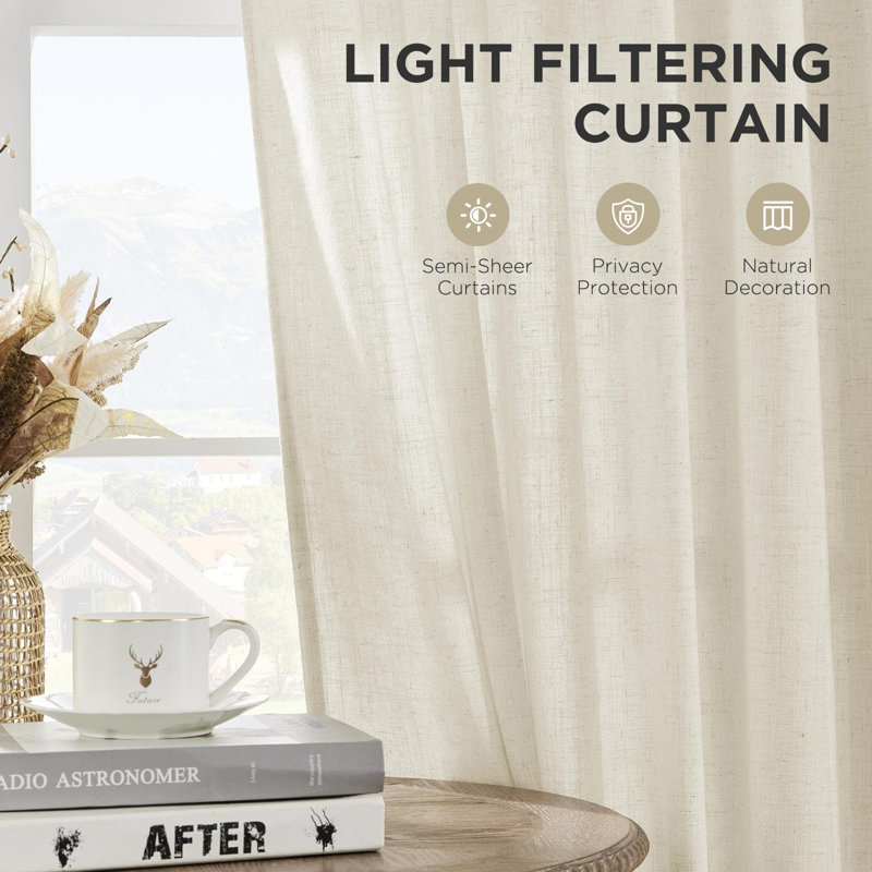 52''W Light Filtering Linen Curtains - Back Tab & Rod Pocket Top, 2 Panels Set, 37" W x 84" L