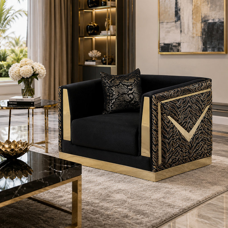 Fauteuil Dero, velours noir glam, panneaux imprimés zébrés dorés