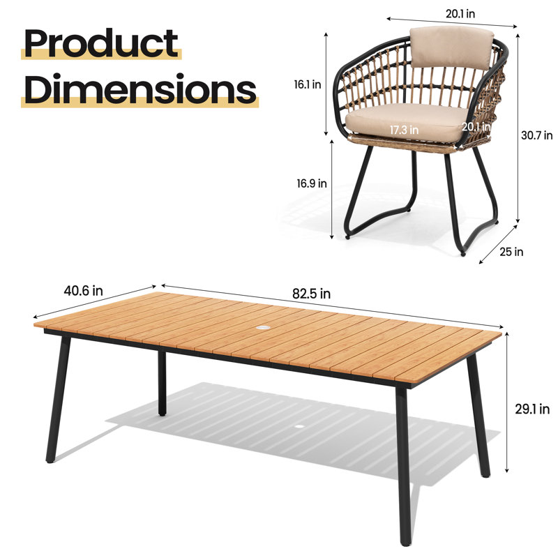 8 - Person Metal Patio Dining Set With Removable Cushions And Umbrella Hole, Beige Cushion/Brown Table Top