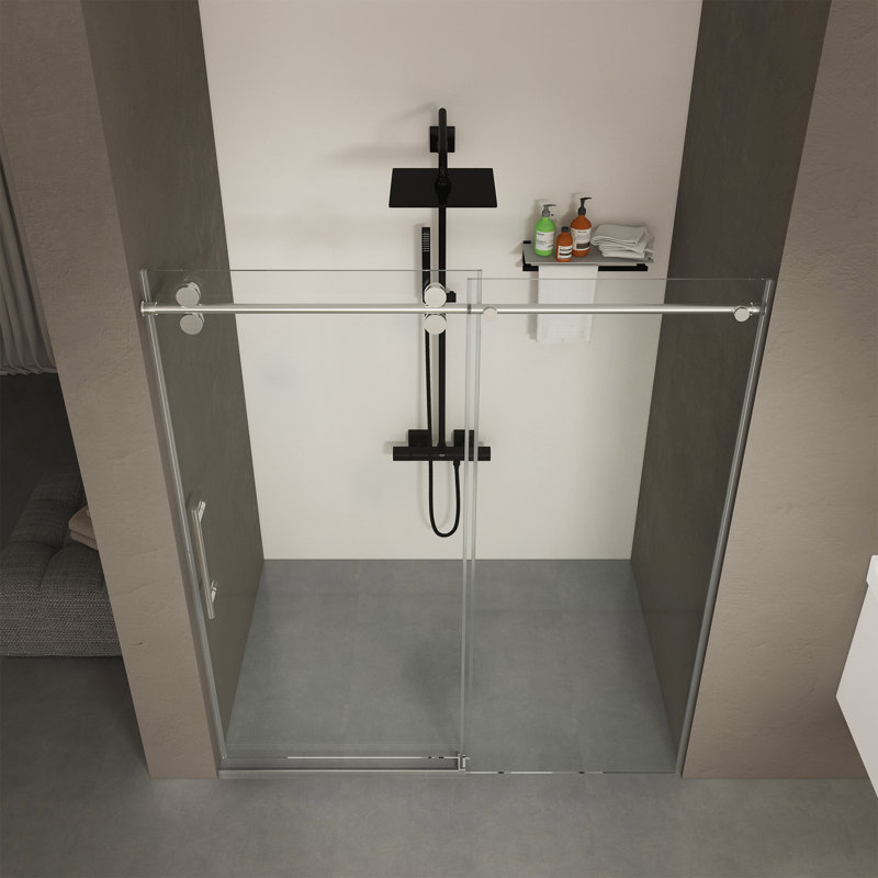 Porte de douche sans cadre de 56 à 60 po x H 76 po, porte de douche coulissante, avec cabine de douche en verre trempé épais de 3/8 po (10 mm) de qualité supérieure, couche facile à nettoyer à double face, finition chromée avec tampon