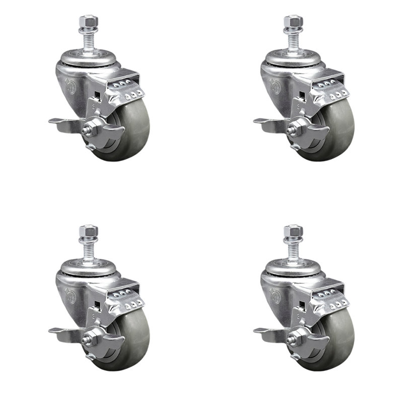 Ensemble de roulettes à tige filetée pivotante de 3,5 po en polyuréthane de 12 mm avec frein, Bleu