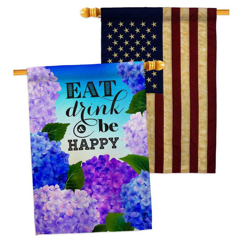 Drapeau de maison Eat Drink Happy en polyester 2 faces 3 pi 3 po x 2 pi 3 po