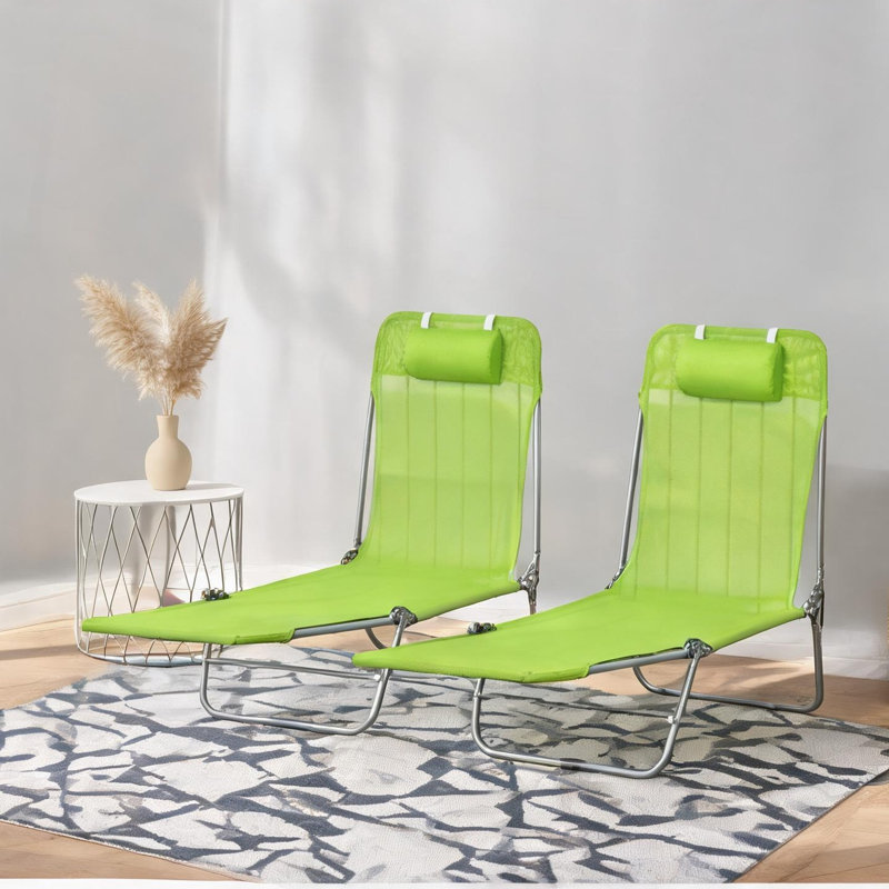 Chaise longue de bronzage en maille gris ardoise avec dossier inclinable et structure pliable pour la piscine, 182 cm de long, ensemble de 2