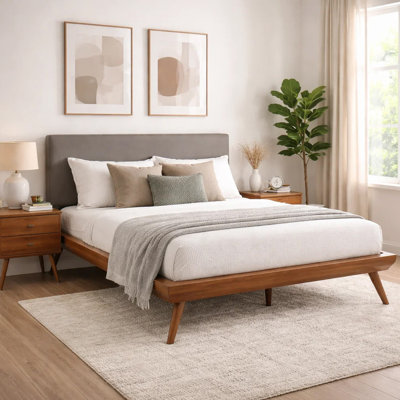 Hena Queen Size Bed, Dark Gray Upholstered Headboard, Chestnut Brown