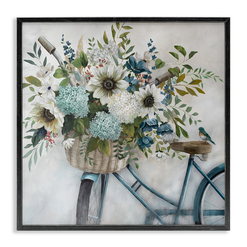 Panier à vélo floral par Nan, H 24 po x l 24 po x P 1,5 po, Giclée encadrée noir minuit