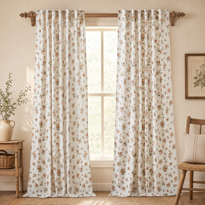 Vintage Rose Floral Curtains for Bedroom & Living Room, Linen Blend Drapes with Shabby Chic Floral Pattern, Privacy & Light Filtering, Romantic Country Style, 2 Panel