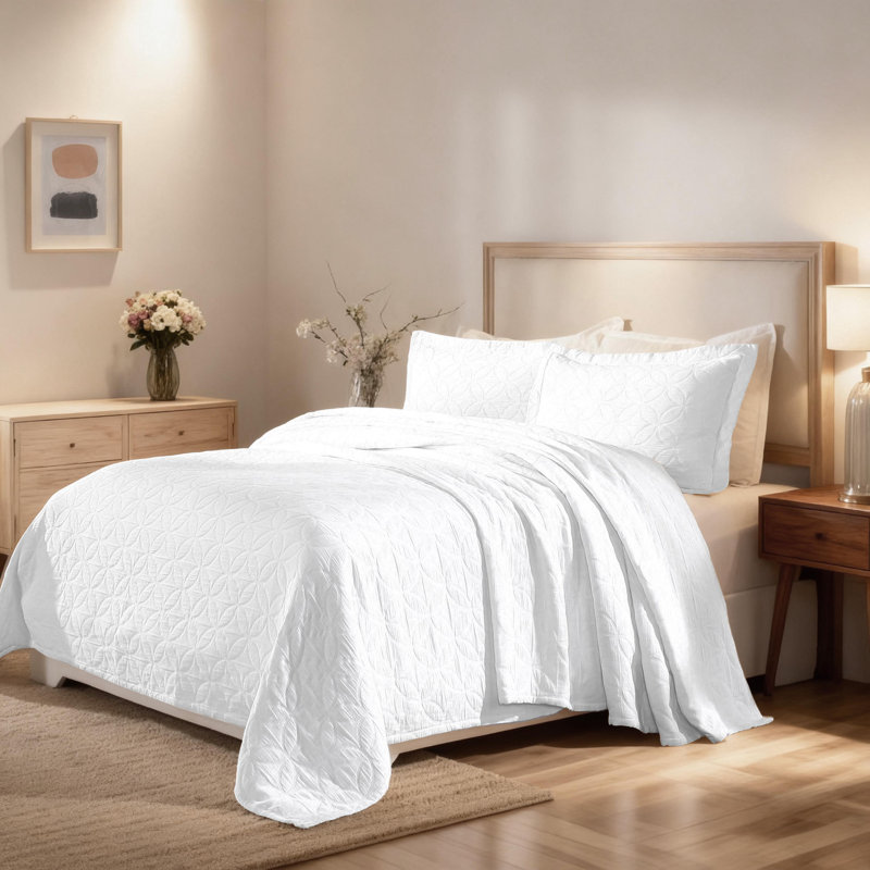 Ensemble de couvre-lit matelassé en coton The Blue Nile Mills, Couvre-lit de grande taille + 2 taies décoratives, Blanc