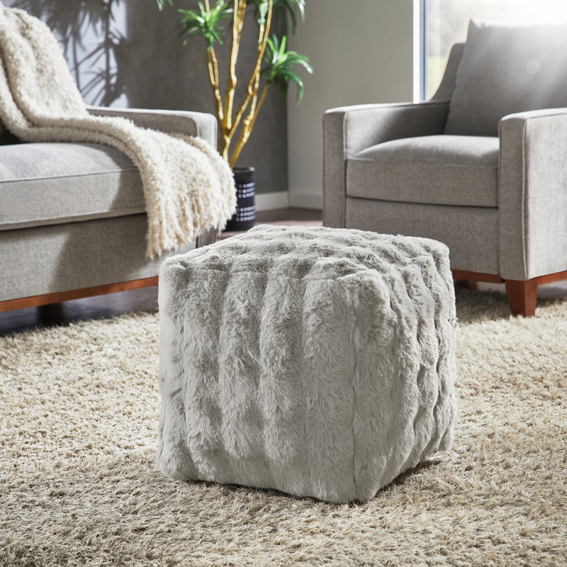Doniphan Upholstered Square Pouf Ottoman, Gray Fur Faux Leather