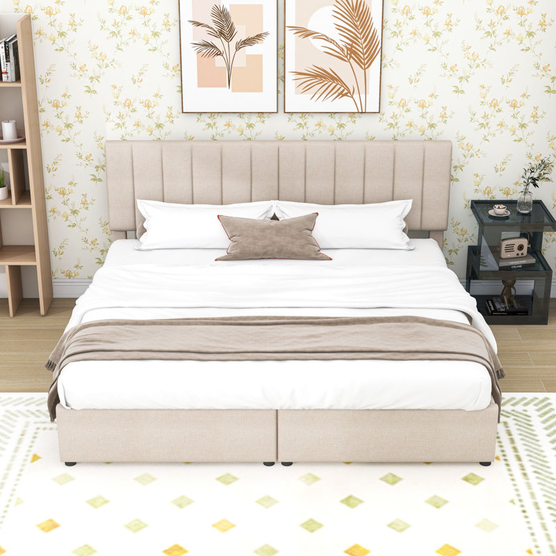 Très grand lit plateforme tapissier avec rangement hydraulique et tête de lit à hauteur réglable, Beige