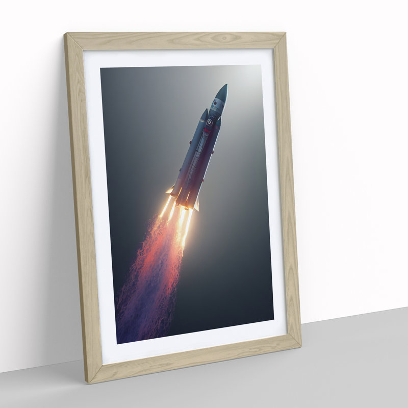 Ethereal Spaceship Rocket - Single Picture Frame Print, 34cm H x 25cm W x 2cm D, Oak