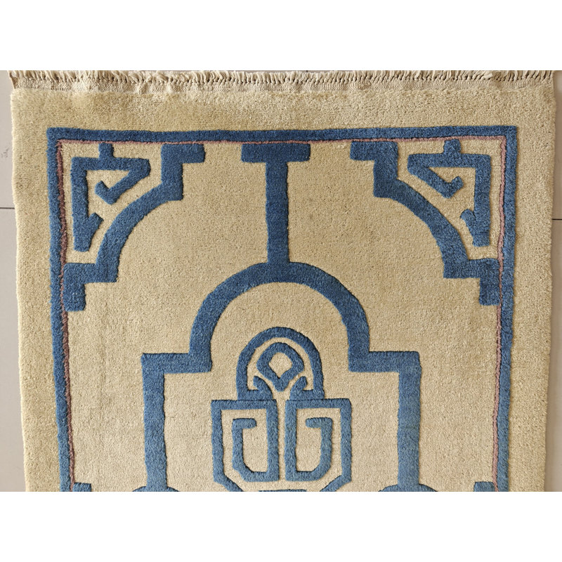 Antique Geometric Hand Knotted Pile Ivory White 1920's Chinese Art Deco Rug