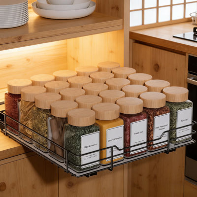 Heavy Duty Pull Out Spice Rack Organizer For Cabinet - Smooth Sliding Ball Bearing Drawer, Space Saving 1-Tier Design For Spices, Sauces & Cans