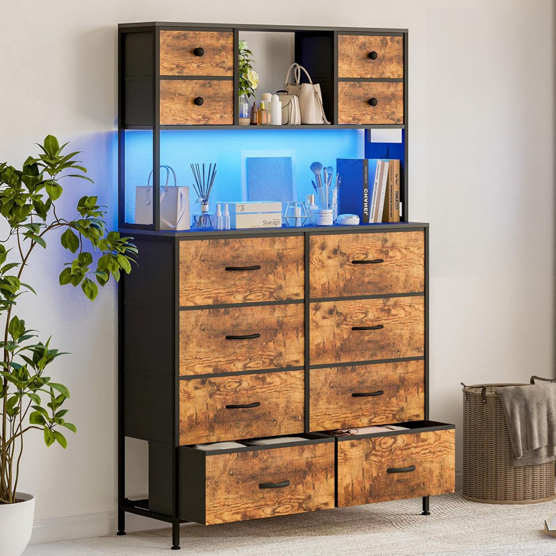 12 Drawer Fabric Dresser with Charging Station & LED Lights, Tall Storage Cabinet with Open Shelves, Brown