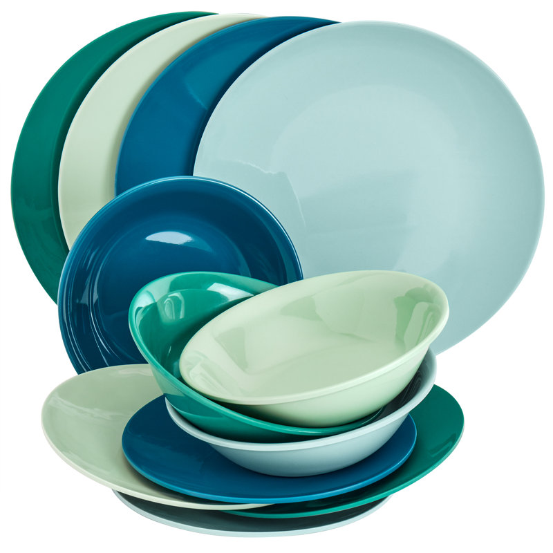 Peacock Blue and Light Green Melamine Dinnerware Set, Service for 4
