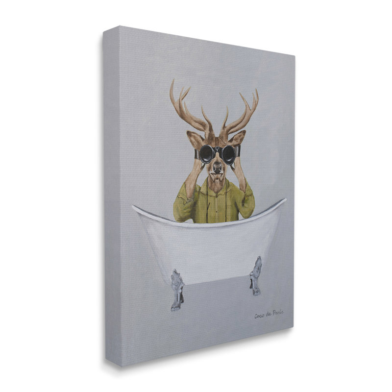 «Camping Deer Binoculars Vintage Bathaign Illustration» par Coco de Paris - Peinture, Toile tendue