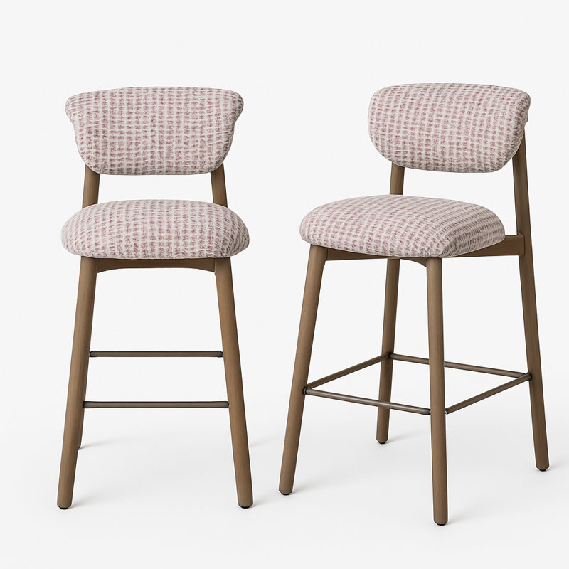 Set Of 2 Upholstered Counter Height Stools With Wood-look Metal Frame, Rolled Backrest, Woven Fabric, Plaid Beige