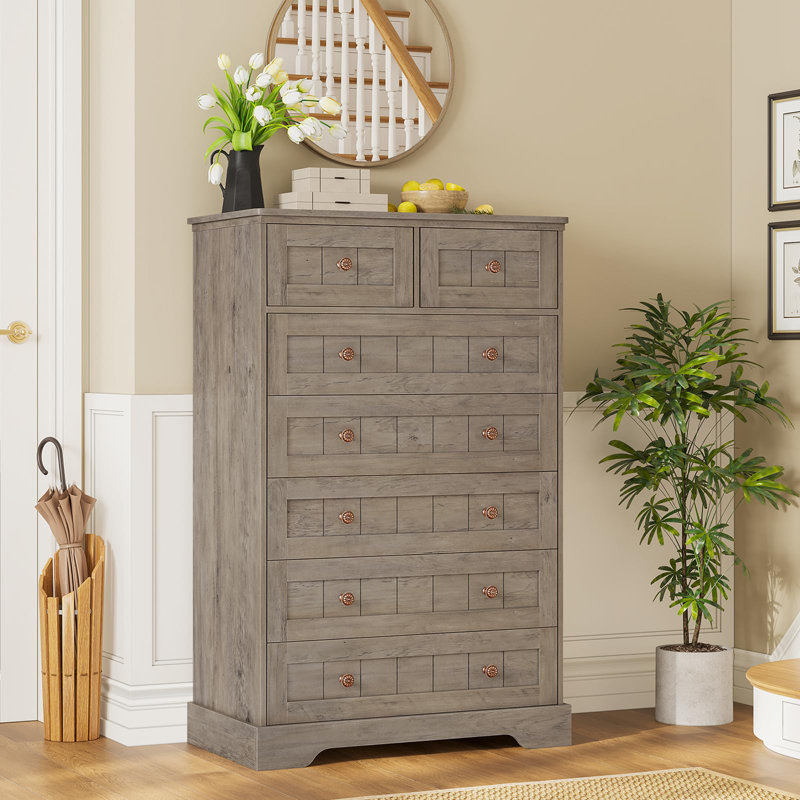 7 Drawer Dresser, 51.4 Inch High Dresser With Hand Carved Panels, Large Wooden Closet Storage Organizer Dresser For Bedroom, Living Room, Hallway