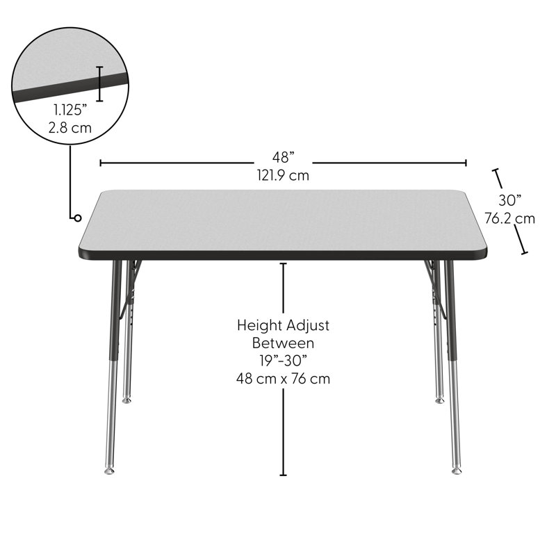 Table rectangulaire d'activité rectangulaire avec pieds réglables, Gris/noir, Roulement pivotant standard, 30" x 48"