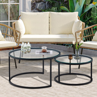 Round Tempered Glass Iron Outdoor Coffee Table - 203.2 cm W 203.2 cm D