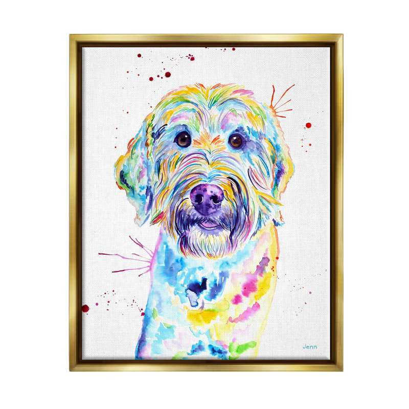 «Vivid Goldendoodle Dog Pet Floater», art mural par Jen Seeley, H 21 po x l 17 po x P 1,7 po, Cadre flottant métallique doré