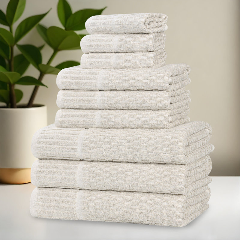 Blue Nile Mills Viscose Cotton Blend Towel Set - Checkered Texture - Quick-Dry, Fade-Resistant, Beige