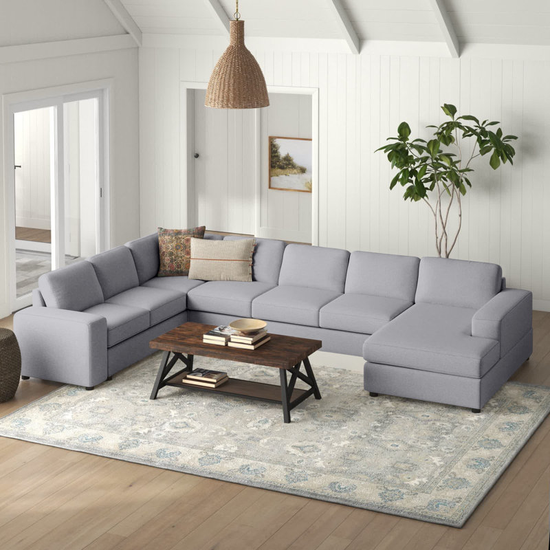 Harwich Upholstered U-Shaped Sectional Reversible, Light Gray Linen Blend