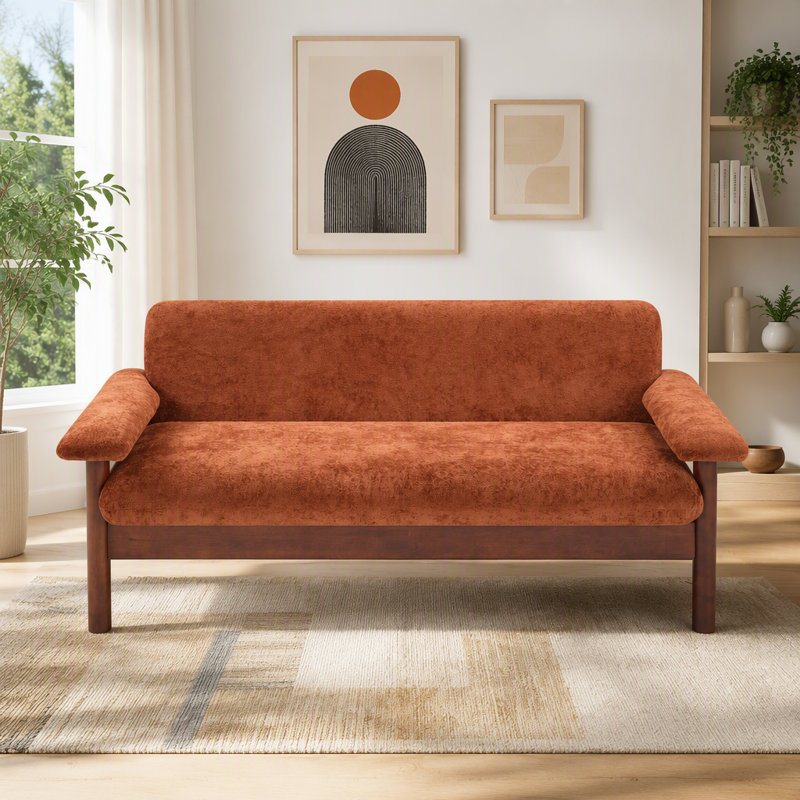 Canapé moderne en chenille avec accoudoirs rembourrés et coussin amovible, Rouge