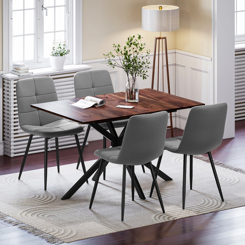 Extendable Dining Table And Chairs Set Of 4, Concrete Effect Rectangular Table With Upholstered Fabric Chairs For Dining Room,Kitchen