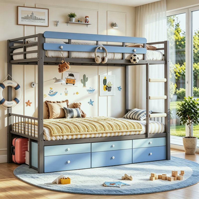 Lit simple superposé en métal avec 6 tiroirs et support de rangement à boutons, lit superposé sécuritaire pour les adultes lourds / petite pièce durable