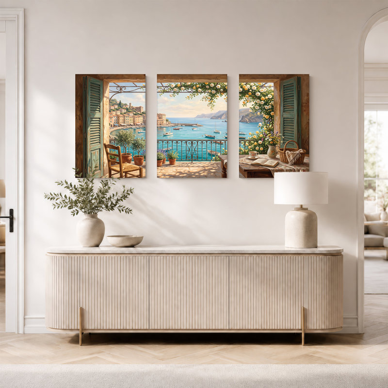 Méditerranée, vue sur un balcon fleuri, ensemble de 3 toiles murales, H 30 po x l 20 po x 3 pièces