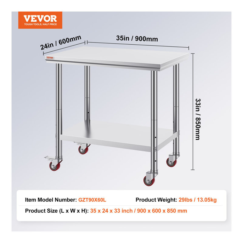 Table de travail en acier inoxydable 36 x 24 pouces avec 4 roues Table de préparation commerciale avec roulettes Table de travail robuste pour restaurant de cuisine commerciale