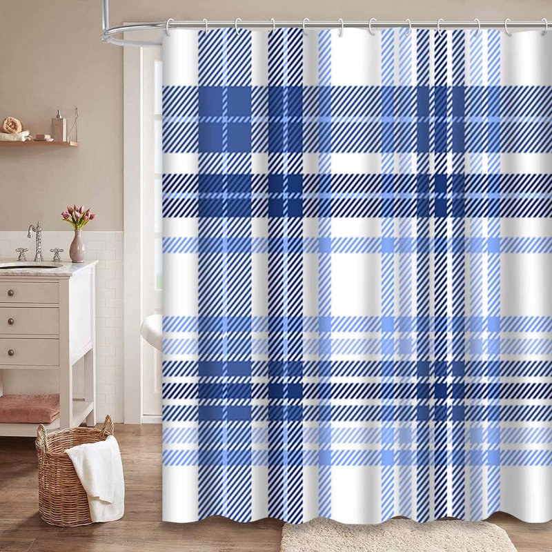 Rideau de douche sans couture à carreaux bleu et bleu marine avec 12 crochets, L 72 po x l 84 po