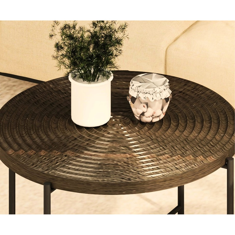 Collection de 2 tables - Noyer foncé, pieds en métal imperméables et noirs, forme cylindrique patinée et finition couleur noyer, design