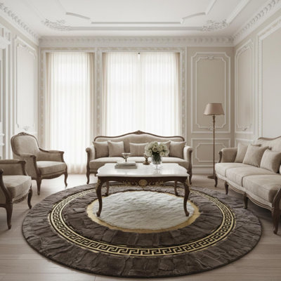 Brown And White Rabbit Fur Round Rug, Luxury Gold Border Circle Rug,