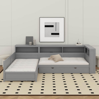 Twin Size L-Shaped Platform Bed With Trundle And A Drawer