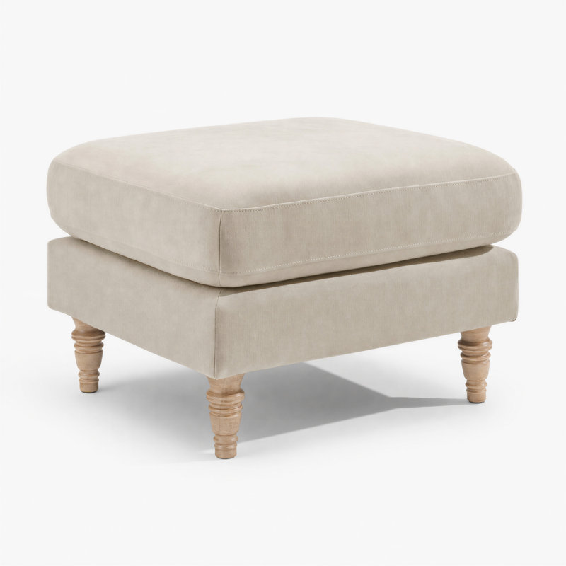 Bernard Upholstered Fabric Pouffe Footstool With Rubberwood Legs - Classic Detailed Design, Beige Chenille