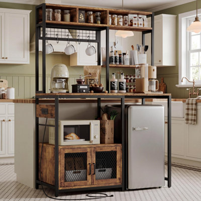 Bakers Rack with Small Refrigerator Insert Storage Space, 47.2" Fridge Stand with Storage Cabinet & Shelf, Industrial Kitchen Microwave Stand with Power Outlet, Coffee Bar with 6 S-shaped Hooks, Storage Shelf Rack for Spices, Pots and Pans