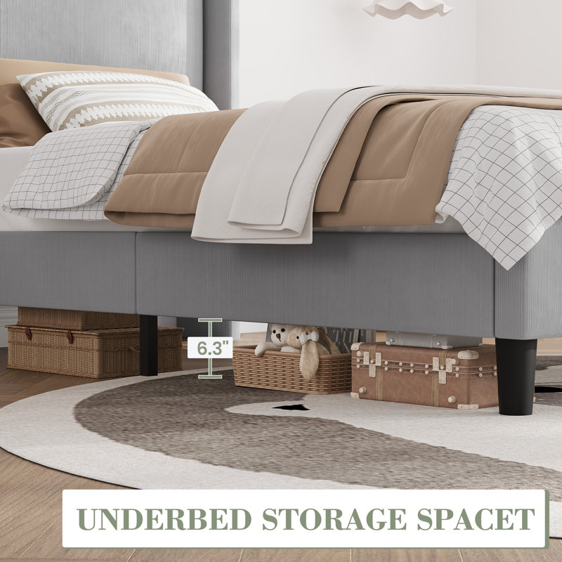 Platform Bed Frame With Upholstered Wingback Headboard, No Box Spring Needed, Light Gray, Queen