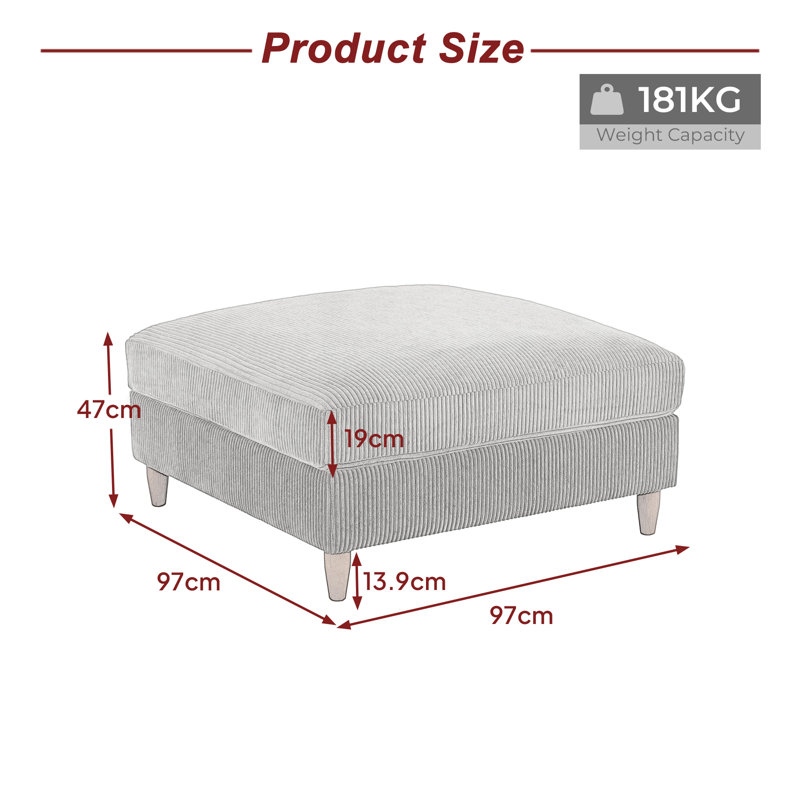 Mordecai 97Cm Wide Square Footstool Ottoman, Grey