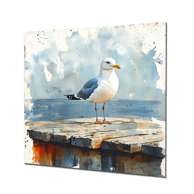 Mouette sur le quai II - reproduction d'art moderne en métal, décoration murale oiseau en métal, H 16 po x l 16 po