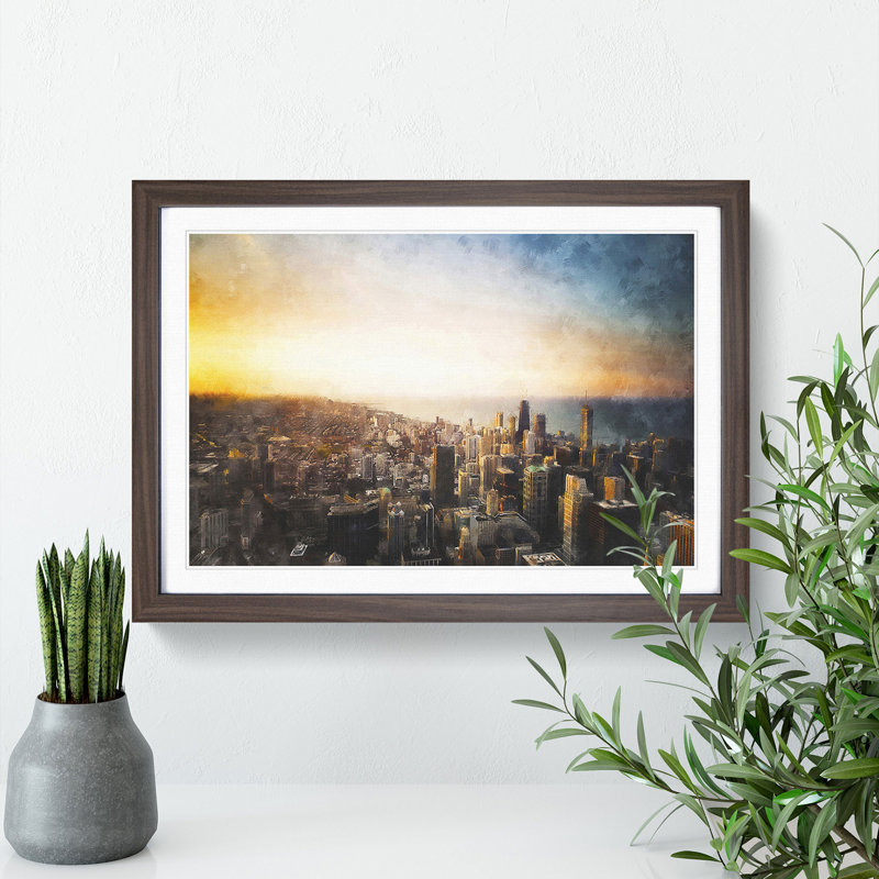 High over the Chicago Skyline - Picture Frame Painting Print, 45cm H x 63cm W x 2cm D, Walnut Framed